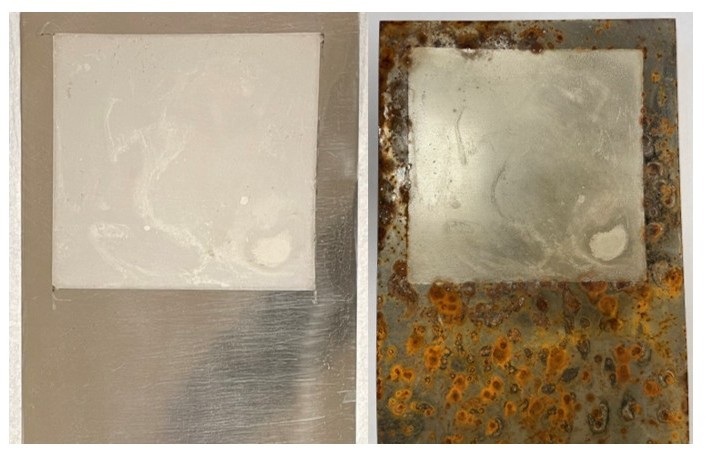 Treated and corroded metal plates demonstrating corrosion prevention
